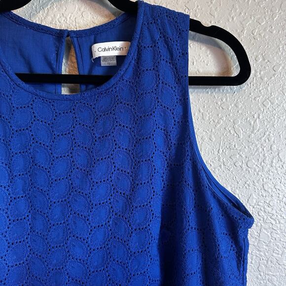 Calvin Klein Dress 12 Blue Eyelet Sleeveless Lined Sheath 100% Cotton‎ Summer - Picture 5 of 9